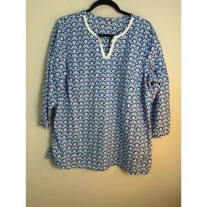 Talbots Woman‎ Crochet Neck Tunic Top 3/4  Long Sleeve Blue White  Beachy size L